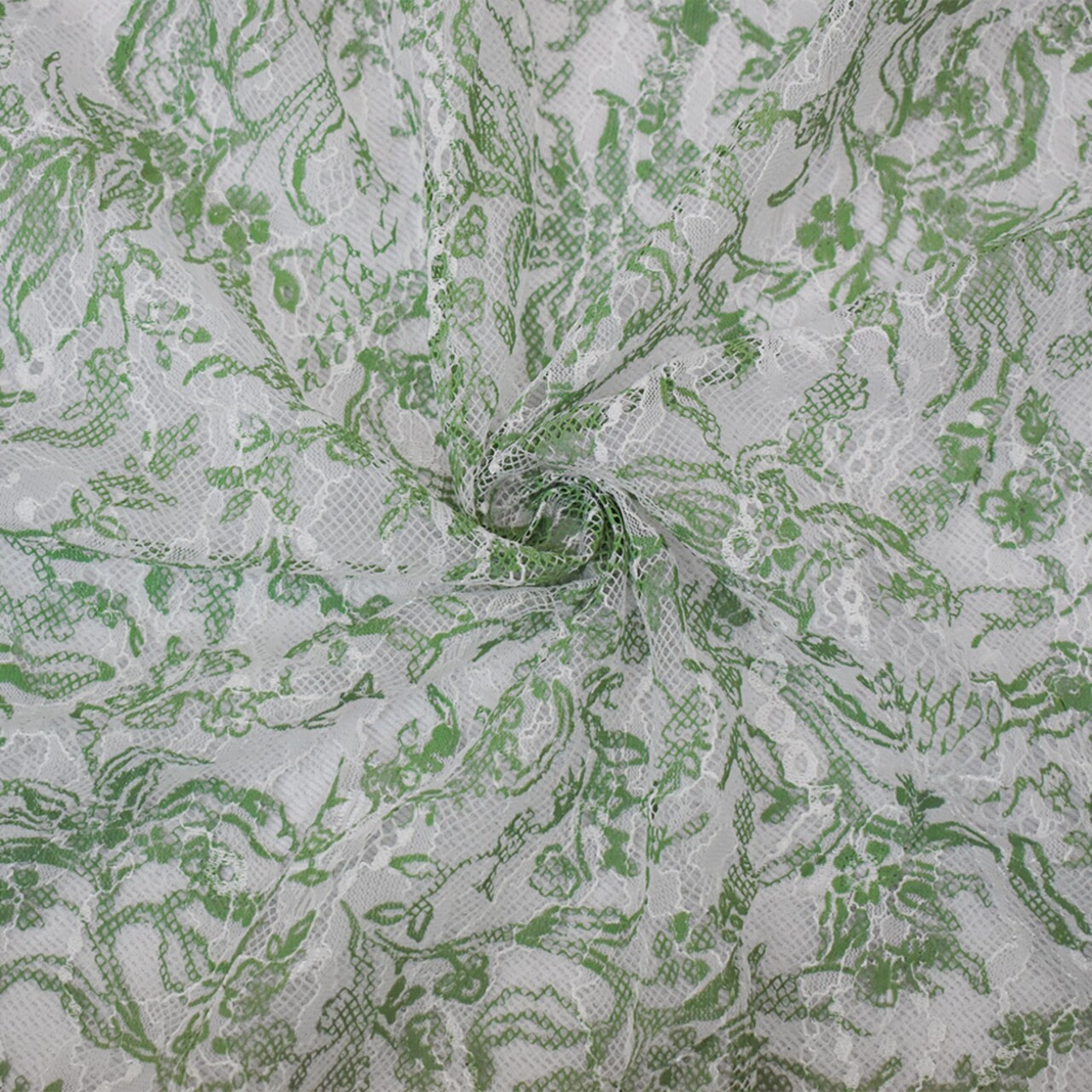 White-Green Nylon Floral Vine Printed Lace Mesh Knit Fabric By the Yard